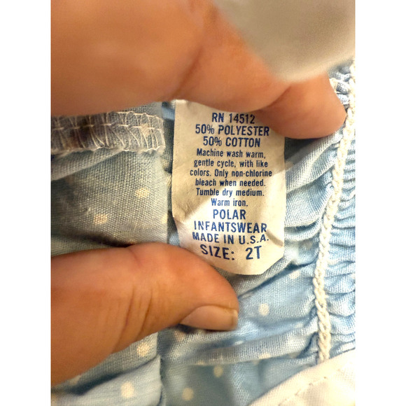 Vintage Polar Romper Girls 2T Blue White Polka Dot Smocked Infantwear Made USA - Picture 5 of 6